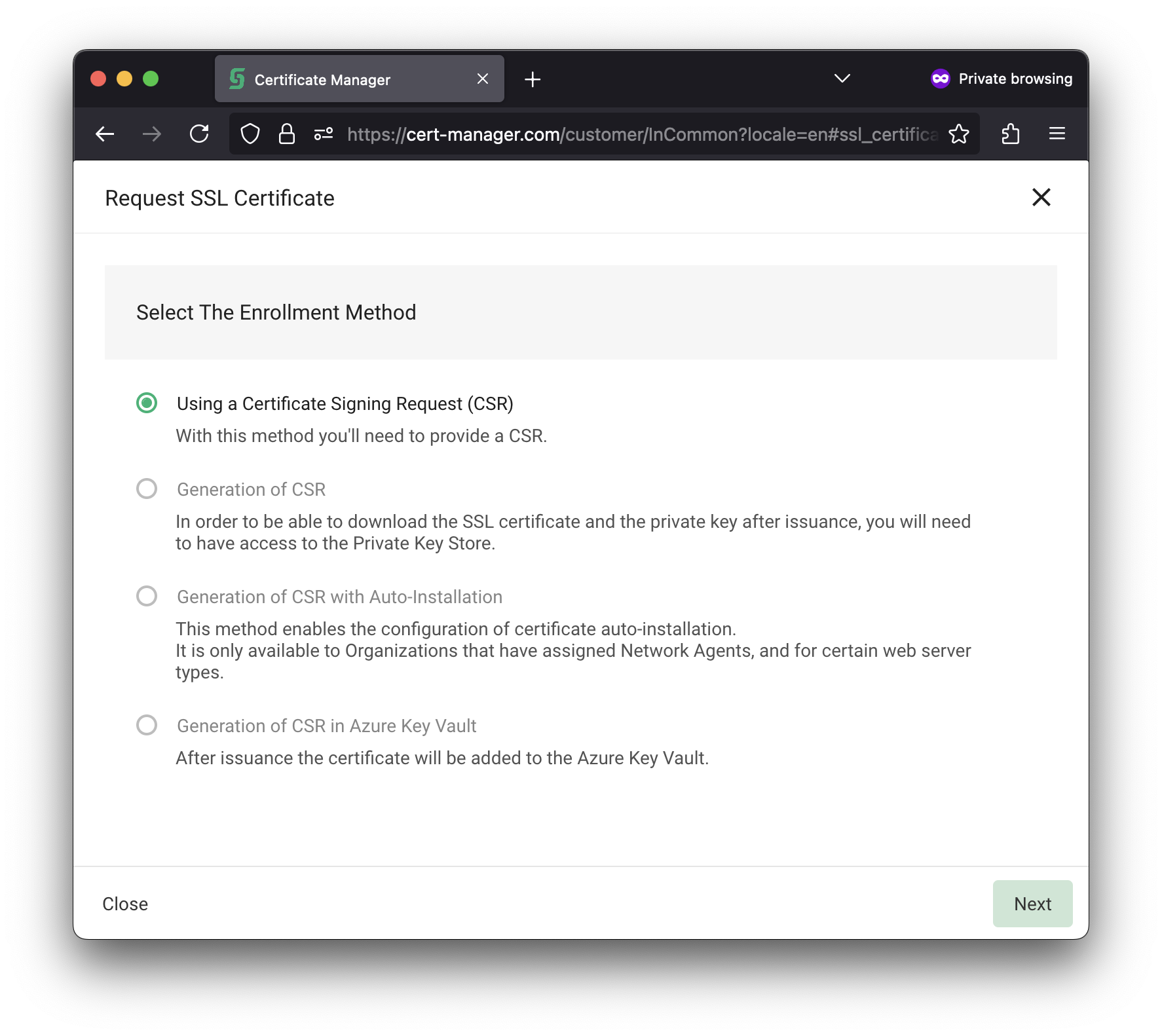 Image showing "Using a Certificate Signing Request (CSR)" is checked