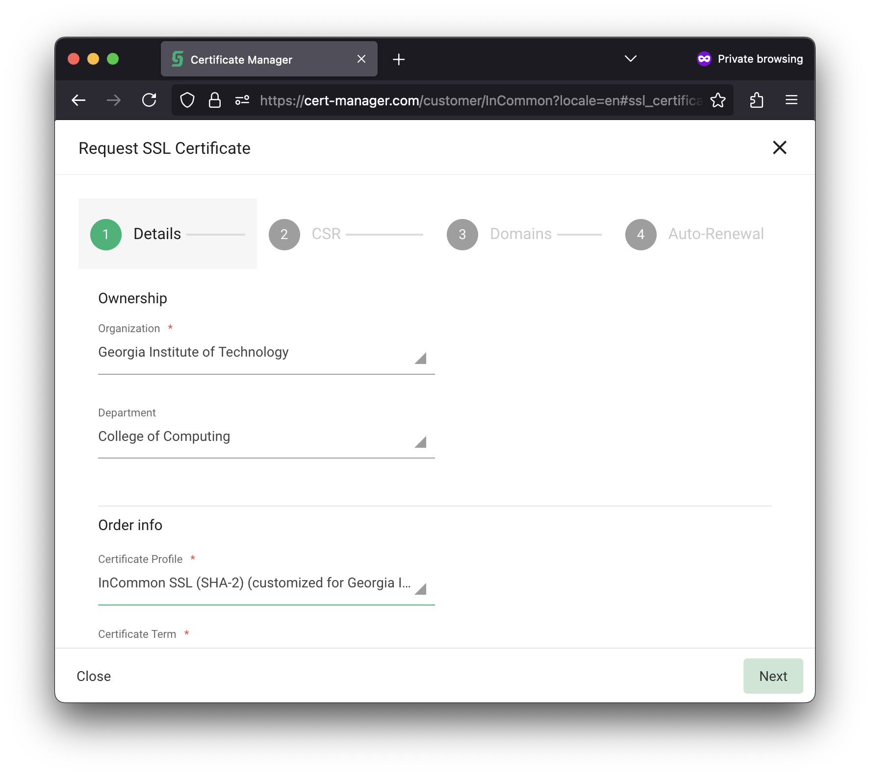 Image showing InCommon SSL (SHA-2) (customized for Georgia Tech)" is selected