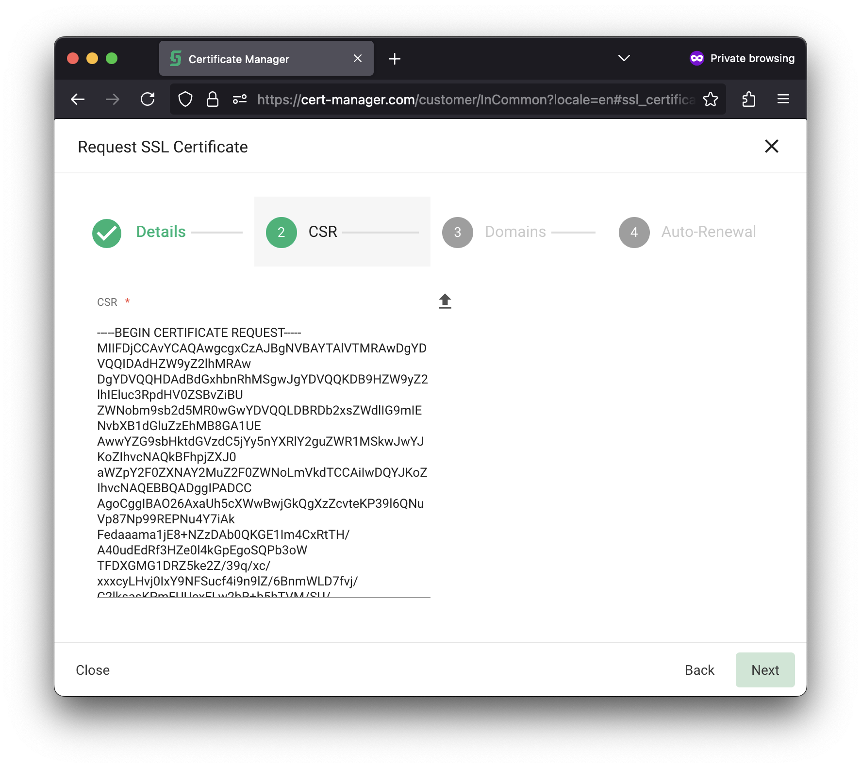 Image showing the contents of the Certificate Signing Request pasted into InCommon