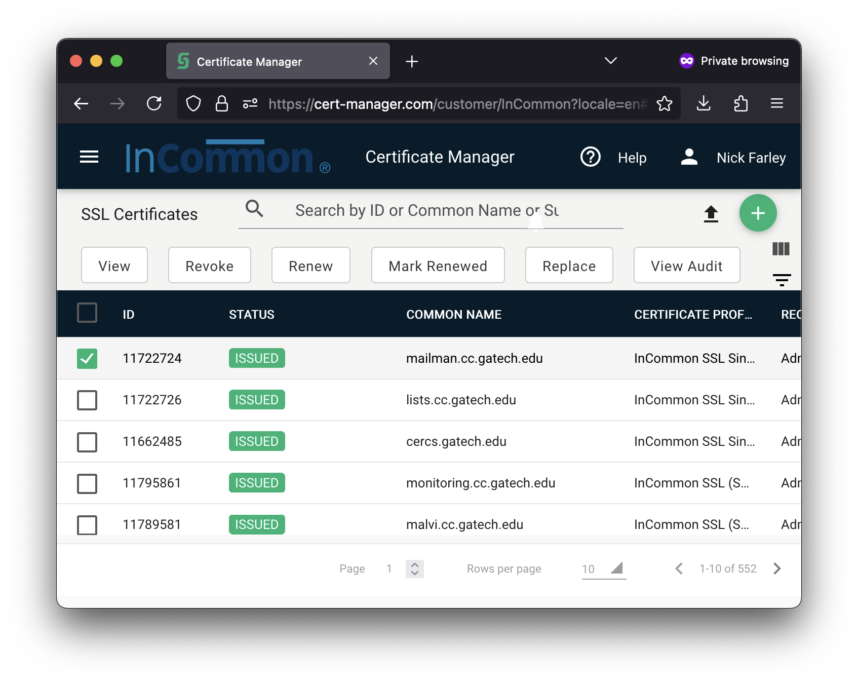 Image depicting the main certificate listing