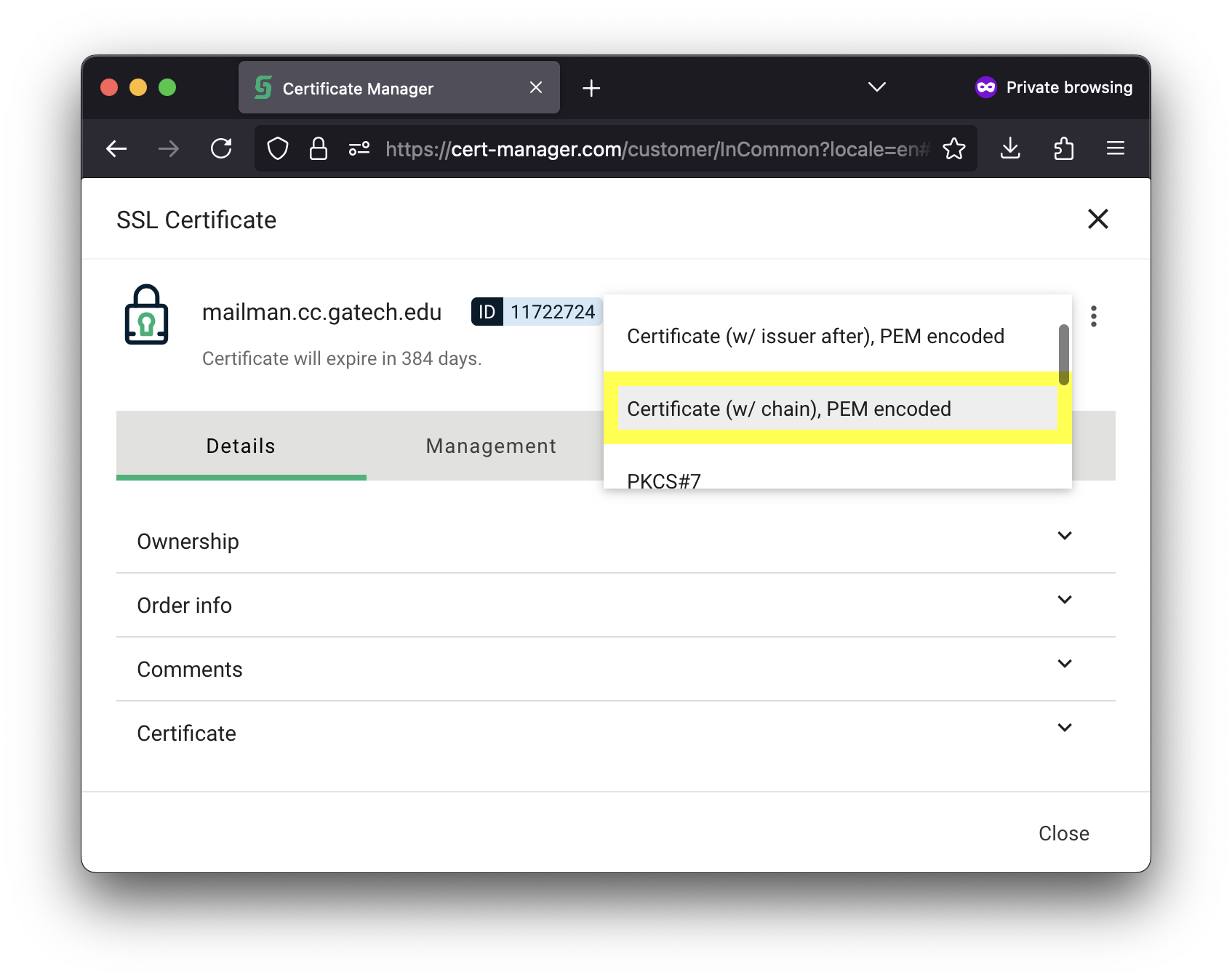 Image depicting the certificate page & how to download it