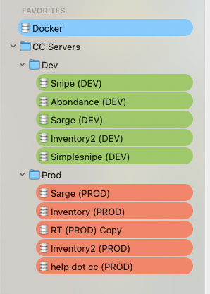 An image showing MySQL servers divided by Dev and Prod with associated color schemes