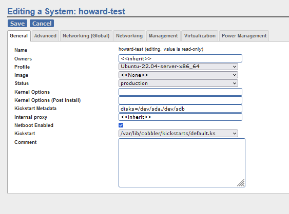 screenshot of an ubuntu 22 system in cobbler