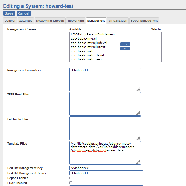 screenshot of setting up custom root partitioning in cobbler